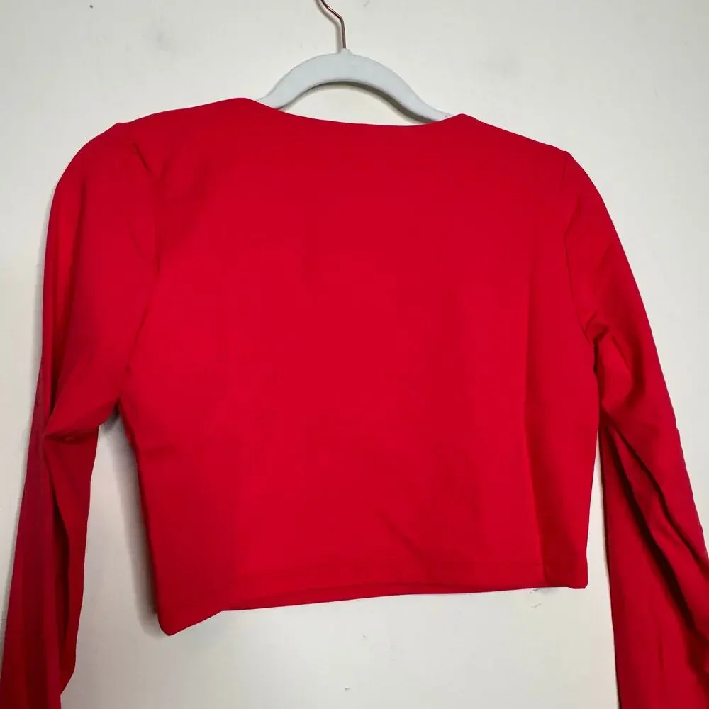 Susana Monaco Very V Long Sleeve Crop Top in Morello Red NWT Size Large